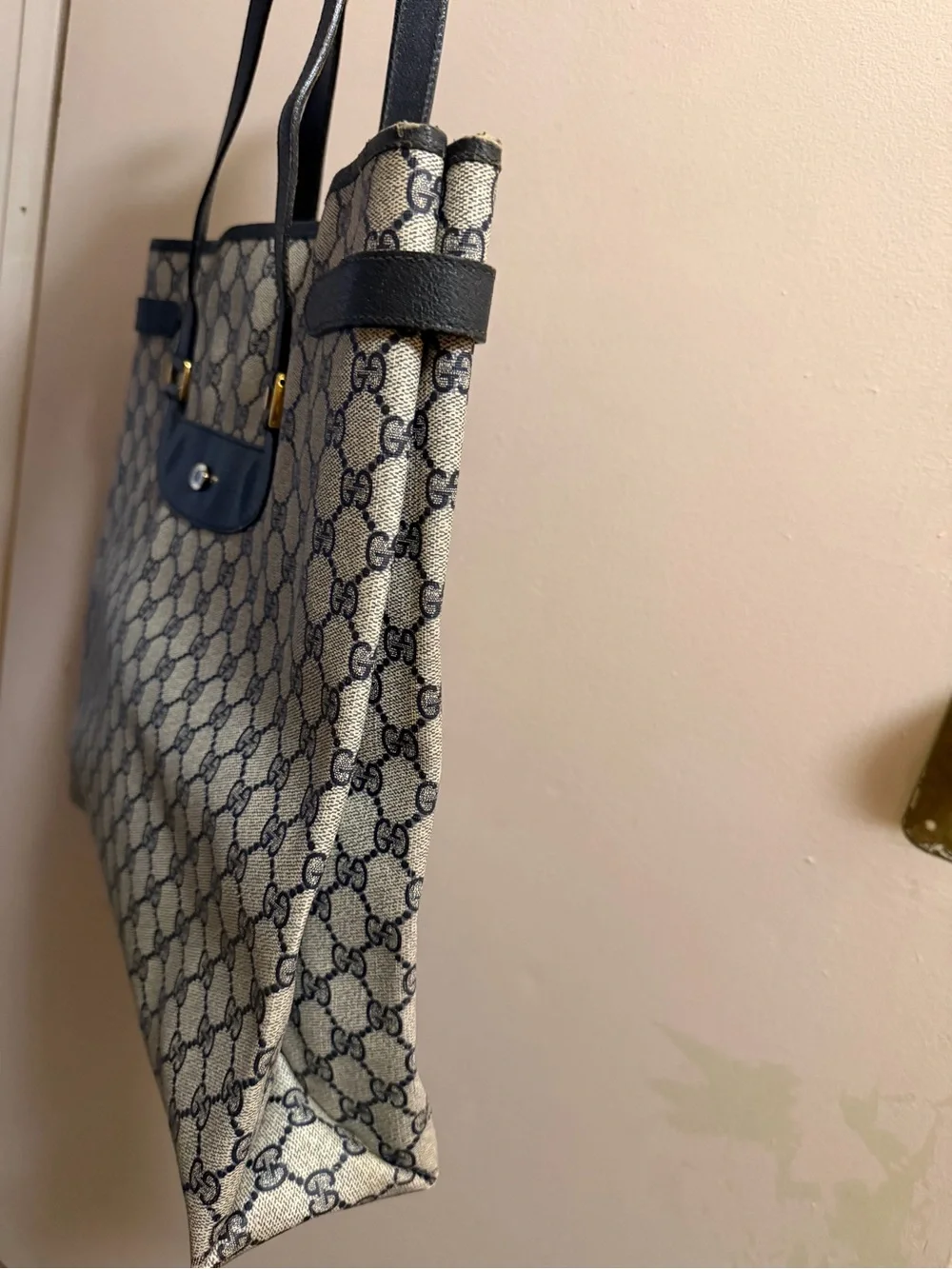 Gucci Vintage Navy Blue and Beige GG Canvas Tote